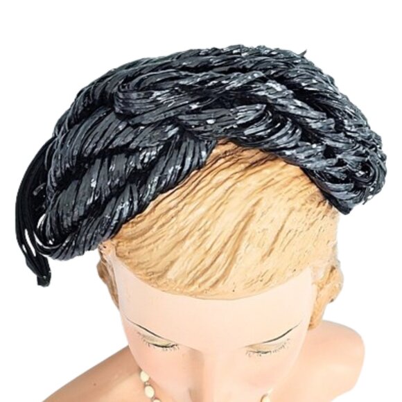 1950s Black Vintage Straw Band Cocktail Hat With Velvet Trim - Picture 6 of 7